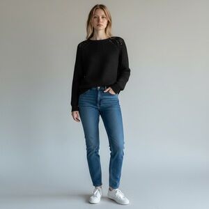 H&M Open Knit Black Sweater Lightweight Crewneck Pullover Medium